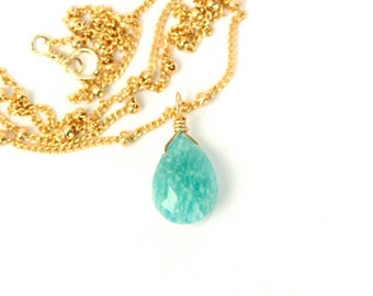 Amazonite necklace - green amazonite - gemstone necklace - august birthstone - a green amazonite on a 14k gold filled satellite chain