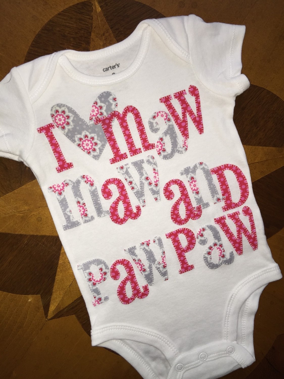 Custom appliqued and personalized pink and gray baby onesie