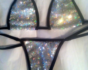 sequin micro bikini ,g string and top ,iridescent sequin sexy swimwear ,exotic dancewear ,stripper outfit , silver sequin