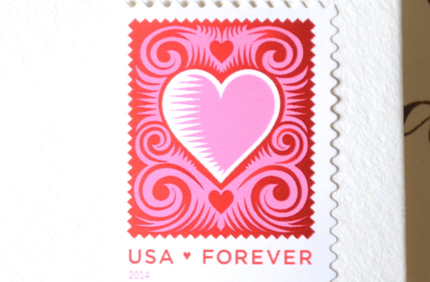 10 Pink Heart Forever Postage Stamps // Cut Paper Heart