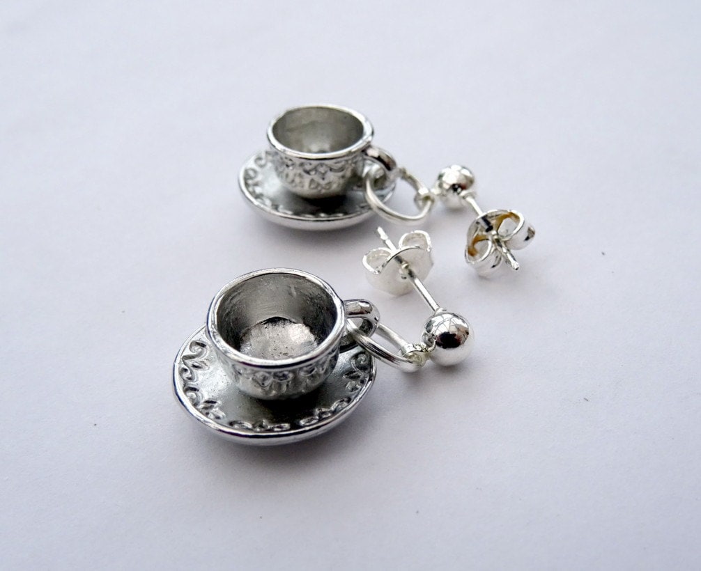 Tea cup earrings silver teacup charm vintage style charms