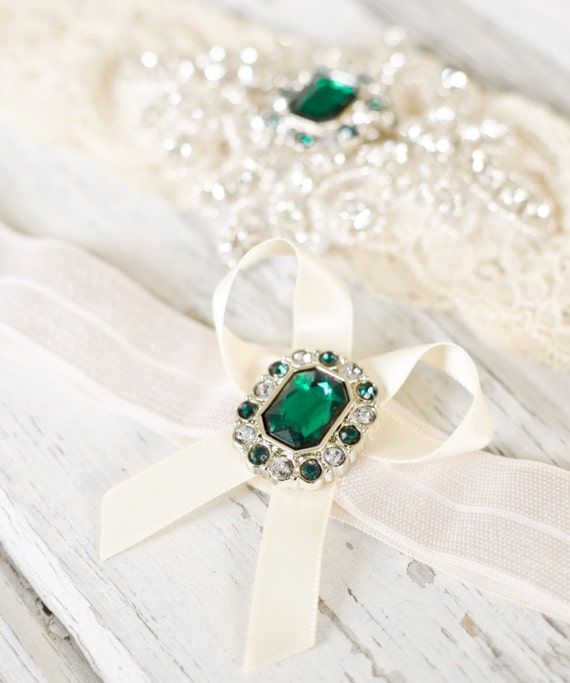 Emerald Green Ivory White Lace Bridal Garter by ContessaGarters