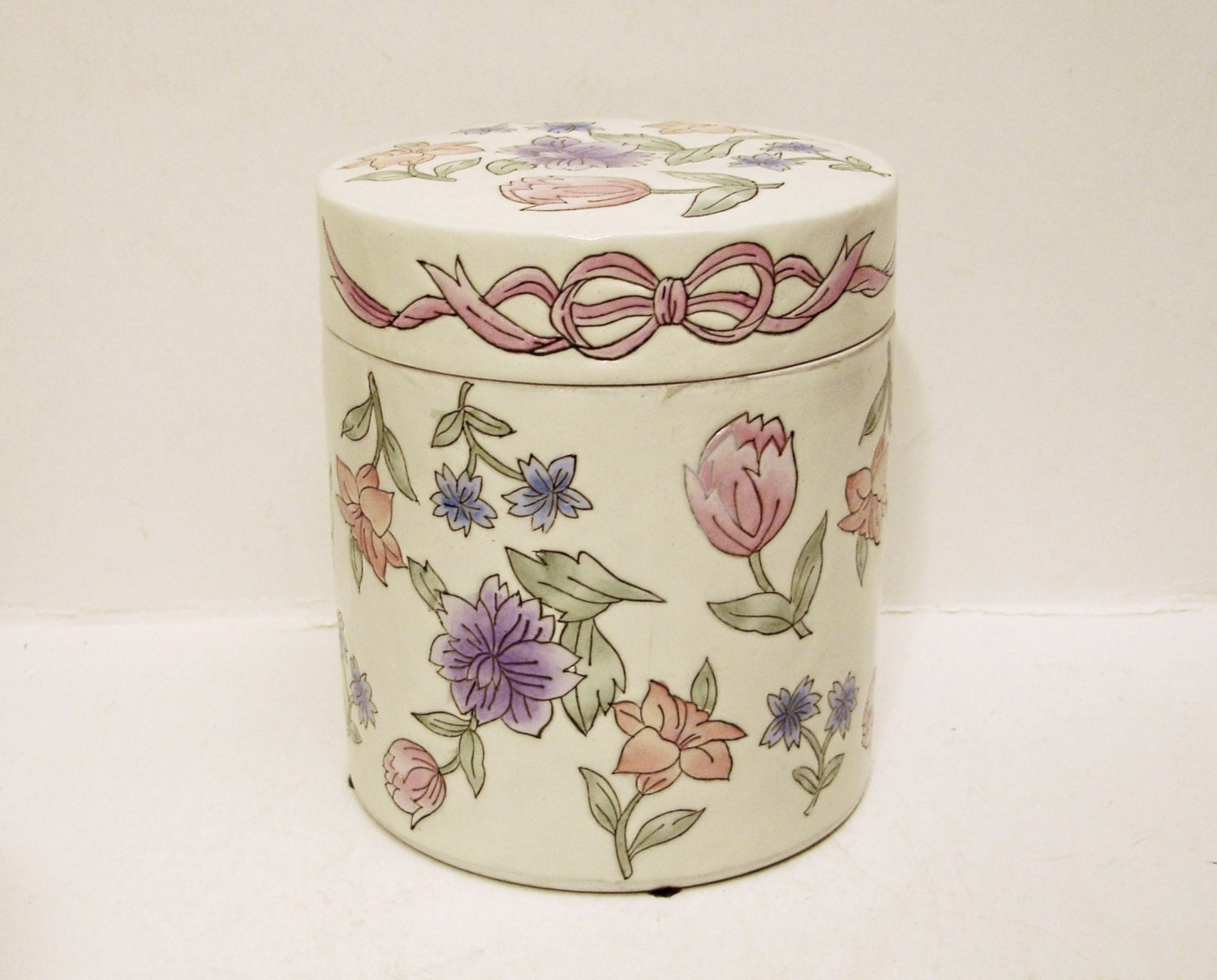 Decorative Ceramic Crock Storage Jar With Colorful Flower Reliefs