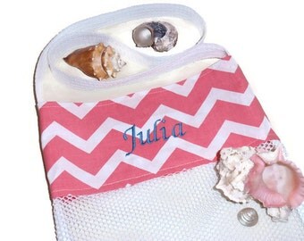 Personalized Gift, Embroidered Beach Tote, Mesh Sea Shell Collecting Bag, Cross Body Bag, Peach Chevron, Beach or Pool Bag, Gift for Girls