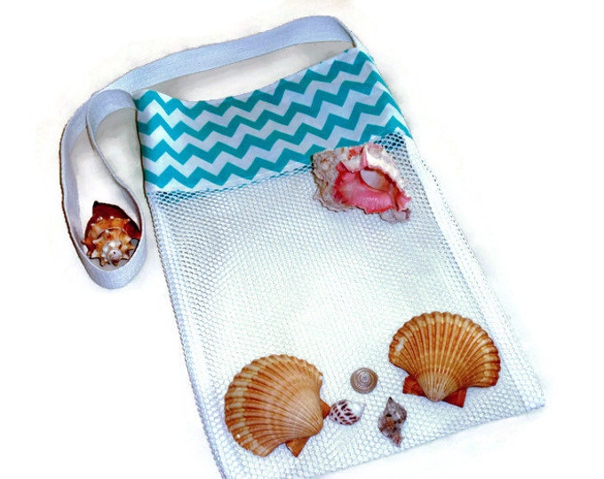 Sea Shell Collecting Bag, Mesh Beach or Pool Toy Bag, Turquoise Chevron Tote, Cross Body Beachcomber Bag, Gifts Under 20 For Girls or Boys