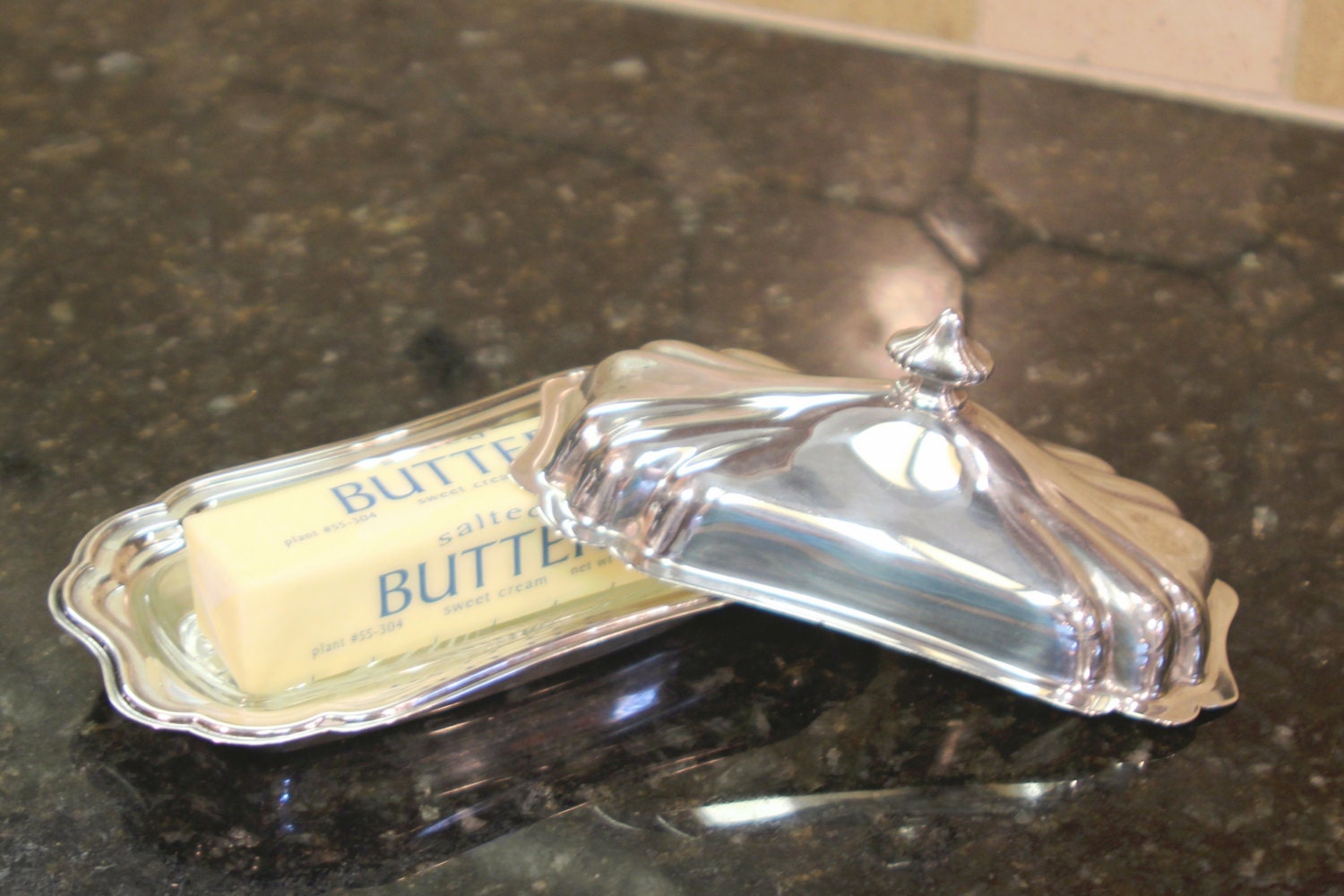 Gorham Plate Butter Dish with Glass Liner Ornate Finial Scalloped