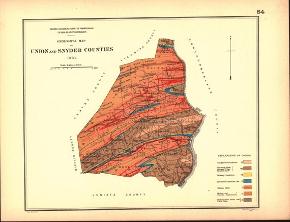 Geological Map of Union Snyder County Pennsylvania 1878 Antique Color ...