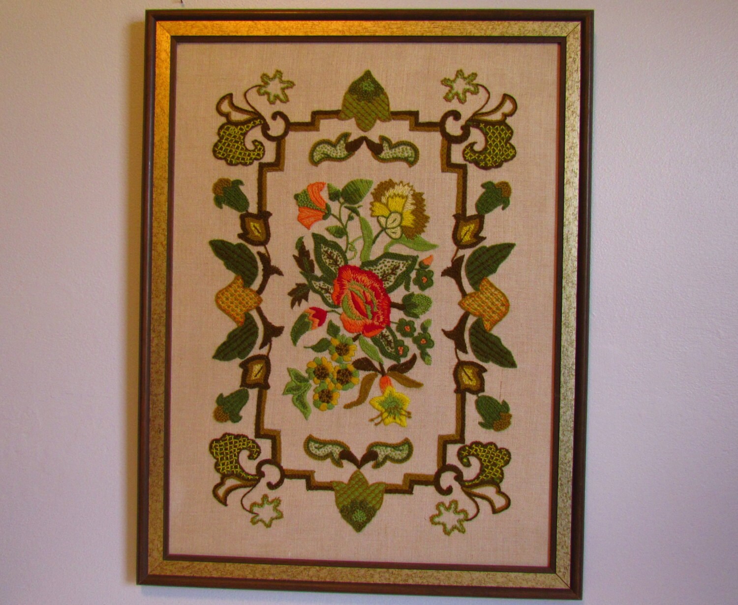Vintage Crewel Embroidery Folk Art Wall Art Needlework Needle