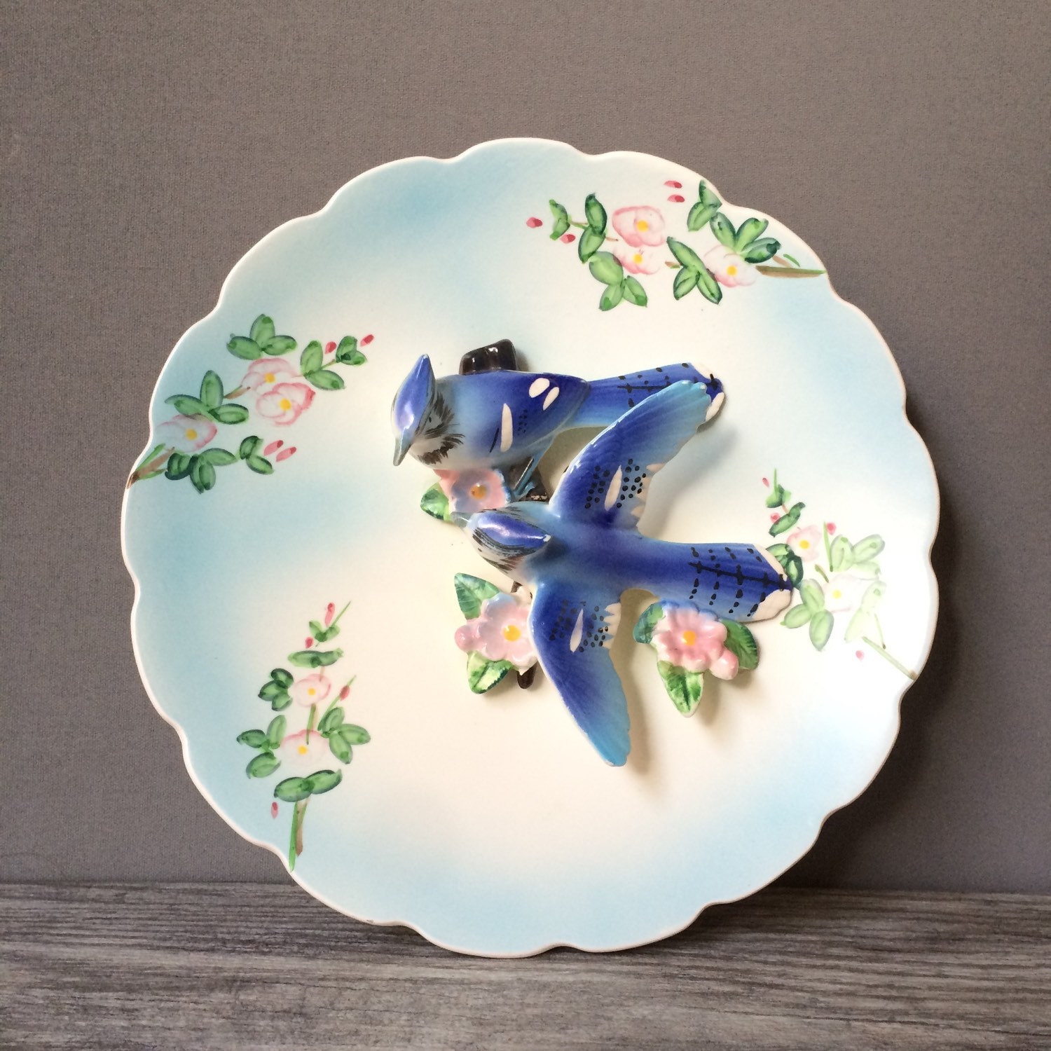 Decorative Porcelain Blue Bird Plate Three Dimensonal Wall