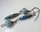 BACK2SCHOOL SALE: Turquoise blue long dangle earrings, artisan-made pottery beads, blue agate stones with copper and sterling silver