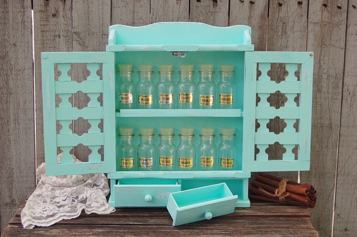 spice rack spice cabinet bottles jars shabby chic mint spice rack spice cabinet bottles jars shabby chic mint