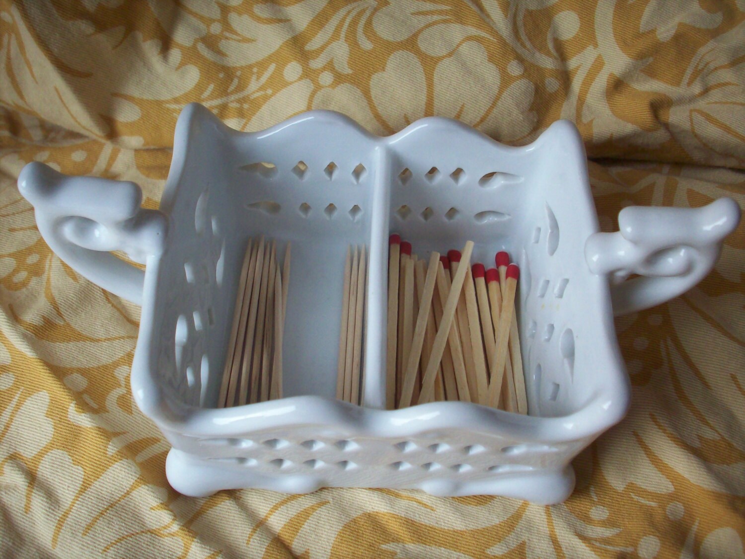 Vintage White Ceramic Double Toothpick Holder, Match Safe, Filigree