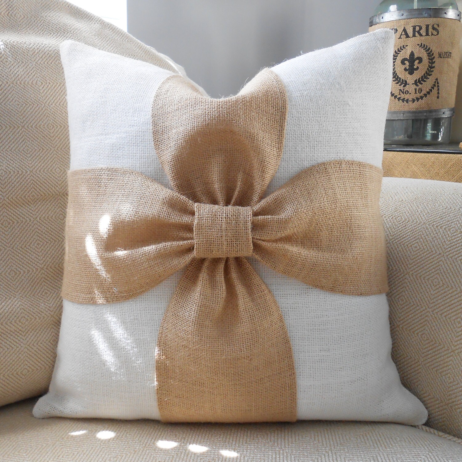 Burlap bow pillow cover in off white and natural burlap 18x18