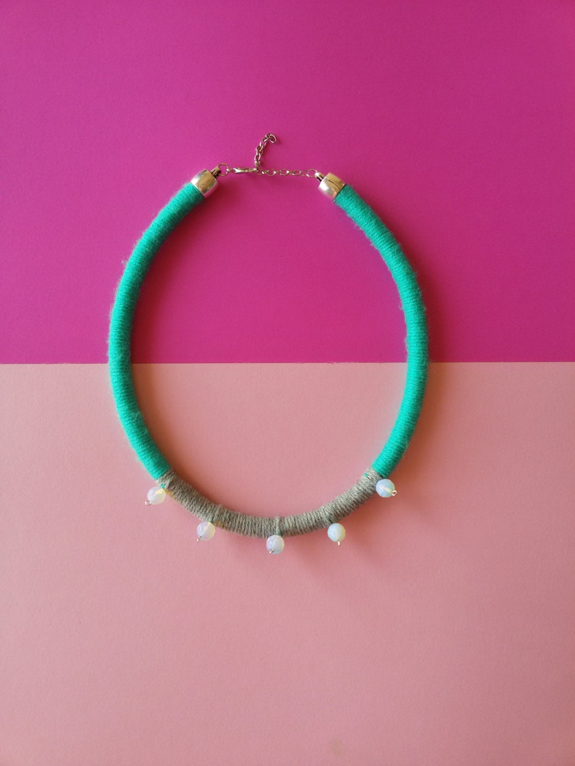 WAVE. Yarn necklace with opal beads . Wrapped yarn necklace.