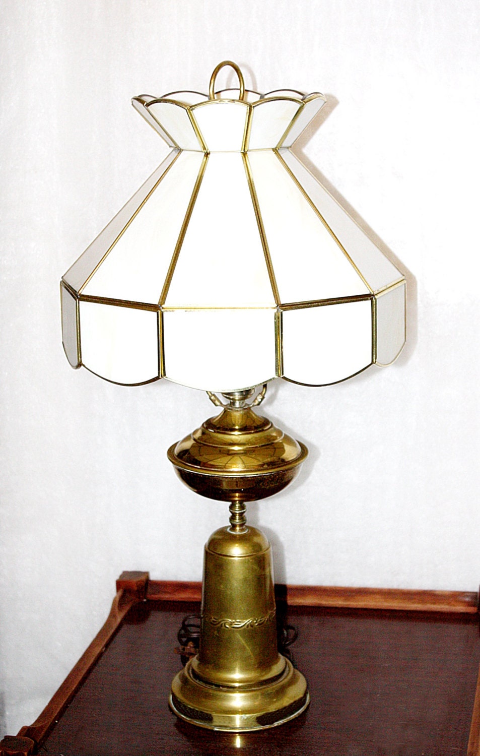 Antique Solid Brass Lamp Brass and White Slag by QUEENIESECLECTIC