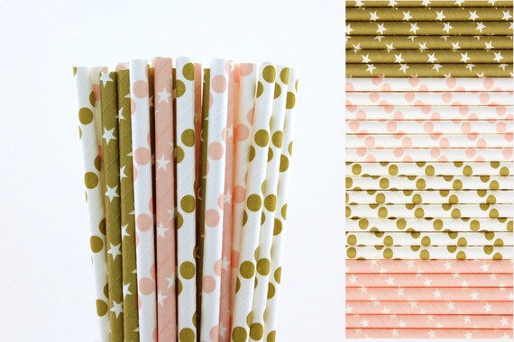 Pink Gold Polka Dot Paper Straws, first birthday, pink baby shower, 2nd birthday decor, princess party decor, fairy tale fairytale birthday Il_570xn
