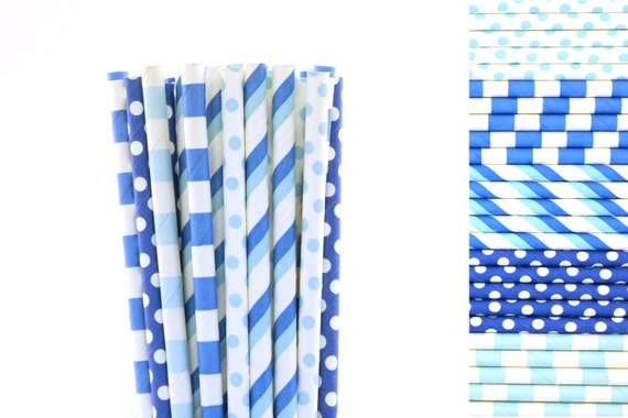 Light and Dark Blue Paper Straw Mix-Striped Straws-Blue Straws-Polka Dot Straws-Police Party Straws-Boy Baby Shower-Sleepover Party Straws Il_570xn