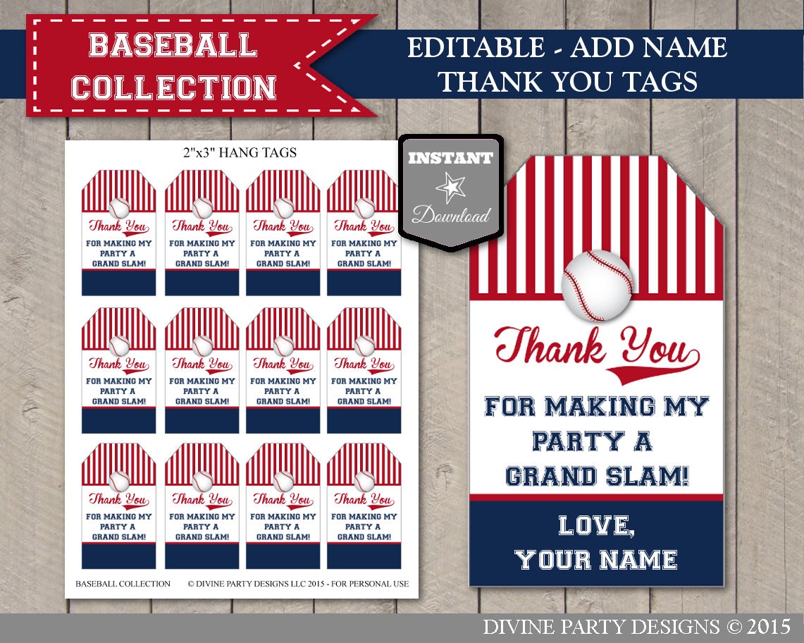 instant download baseball thank you hang tags editable add