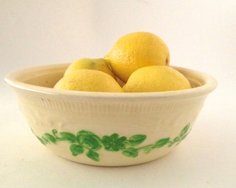 Vintage Rustic Ceramic Bowl Cream Green Leaves Oven-Serve by Homer Laughlin Mixing Bowl Cottage Decor Farmhouse Kitchen