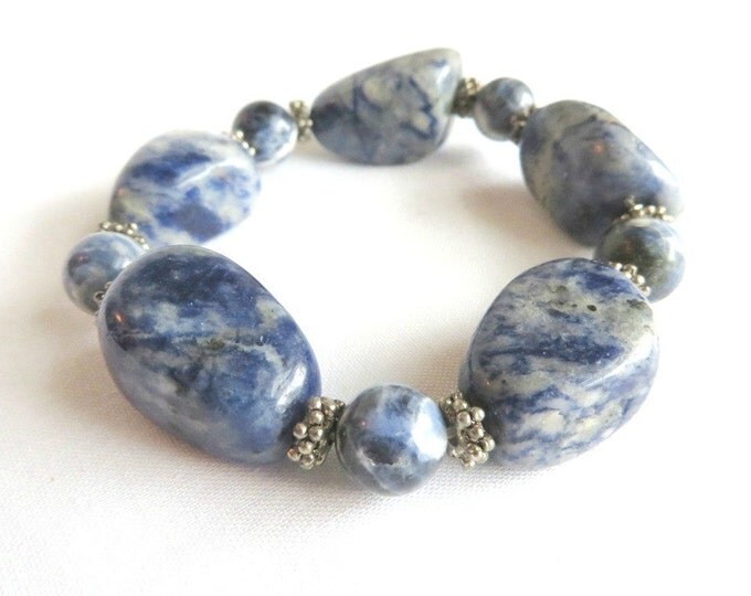 Vintage Marbled Blue Stone Bracelet, Chunky Stretch Bead Bracelet