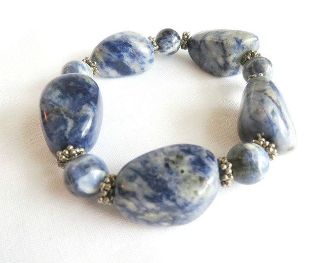 Vintage Marbled Blue Stone Bracelet, Chunky Stretch Bead Bracelet