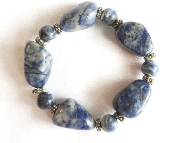 Vintage Marbled Blue Stone Bracelet, Chunky Stretch Bead Bracelet