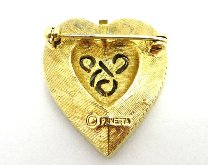 PANETTA Heart Brooch, Vintage Gold Tone Pave Rhinestone Heart Pin, Designer Jewelry, Valentine's Day Gift