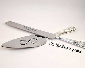 Infinity design - Black Engraved Wedding Cake Knife and Serving Set - Two Heart