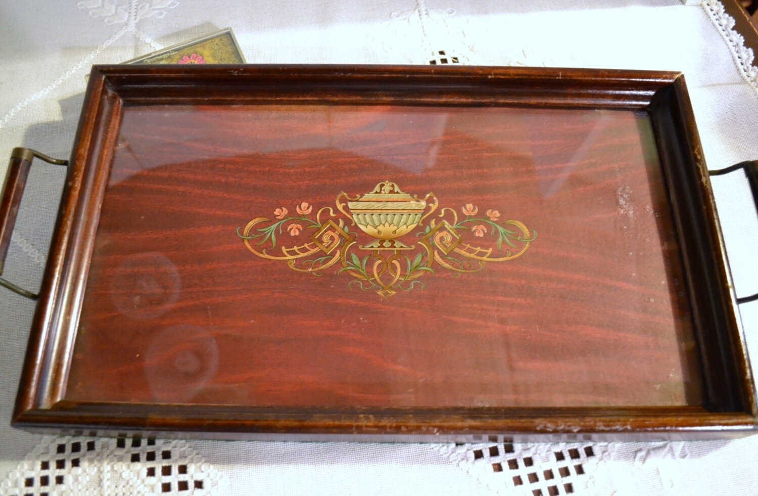 Vintage Wood Serving Tray Inlaid Wood Design Glass Top Brass