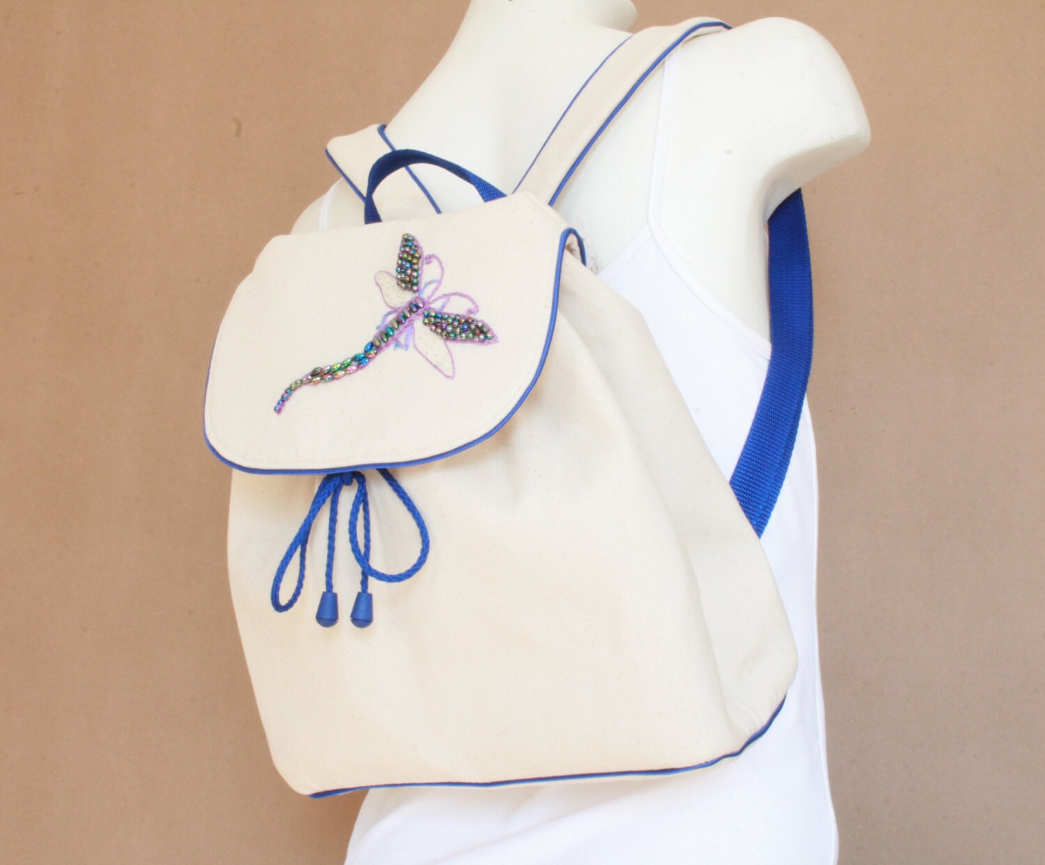 Rucksack Cream Canvas with Royal Blue Trim and Embroidered and