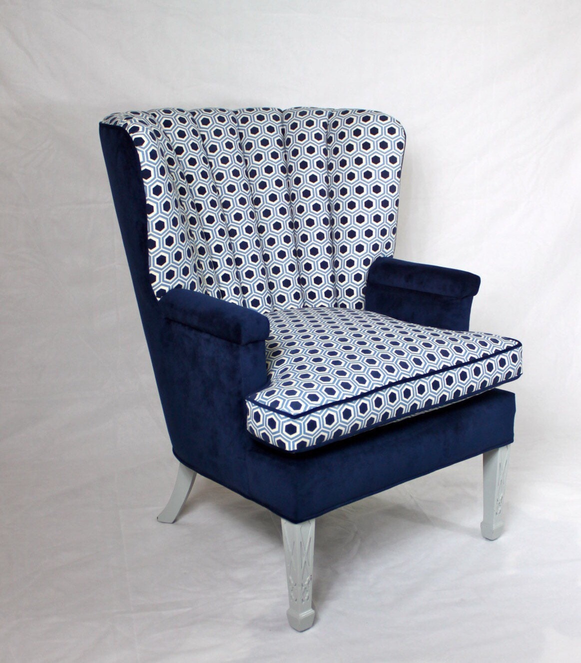 Vintage Channel Back Chair Wing Back Chair in Navy Velvet and Textured Geometric Velvet Navy 