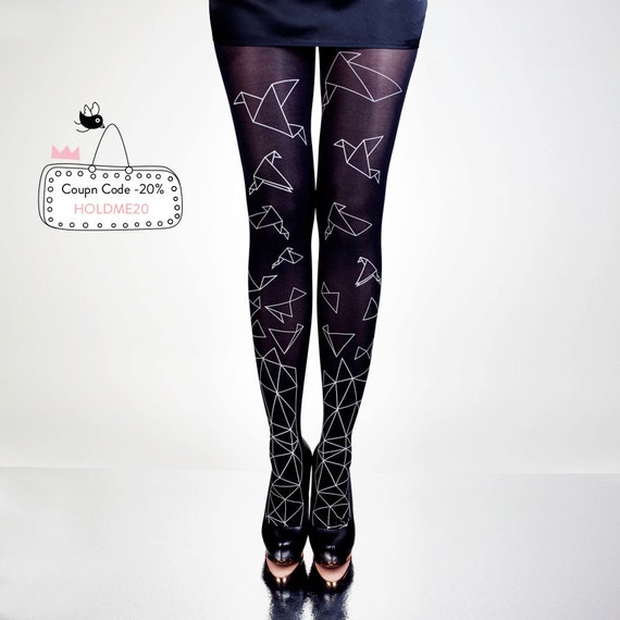 ORIGAMI BIRDS black tights hand printed great by HoldMeTights