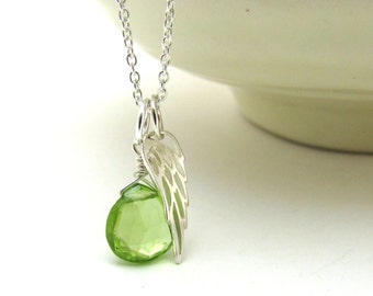 Guardian angel necklace, August birthstone necklace, memorial jewelry, lime green peridot pendant, sterling silver miscarriage necklace