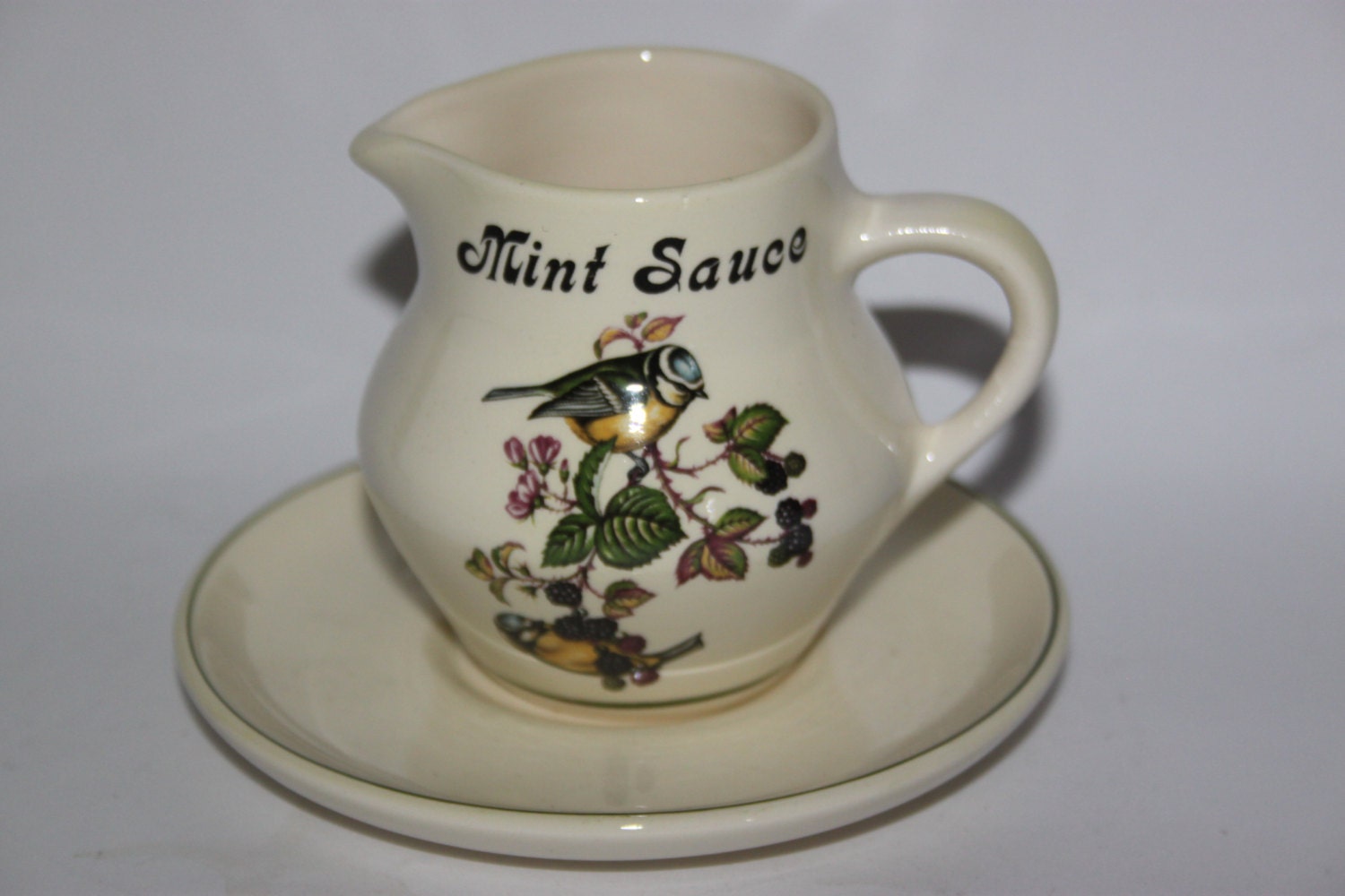 Small ceramic jug and saucer mint sauce blue by redrococogarden