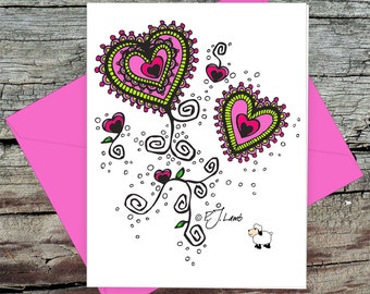 Zentangle Hearts, Thong Panties, Love Greeting Card with Fuchsia Envelope, Bright Colors