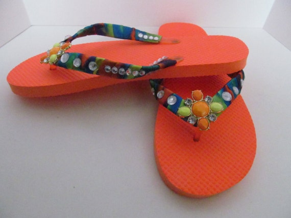 Items similar to Orange multi flip flops orange sandals bling sandals ...