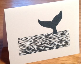 Whale tail linocut block print card -- choose one or two tails