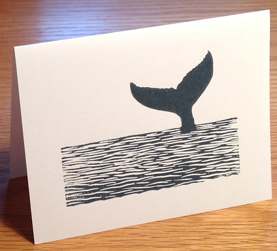 Whale tail linocut block print card choose one or two tails