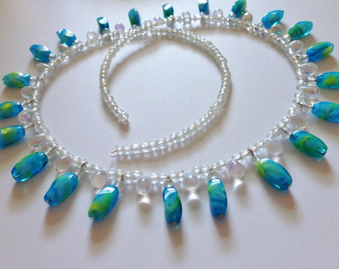 blue and green bead with teardrops memory wire necklace