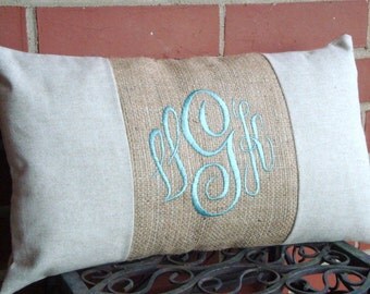 Lumbar Pillow Cover. Monogram Pillow. Burlap Pillow. Pillow Cover. Linen Pillow. Shabby Chic Pillow. Cottage Chic Pillow