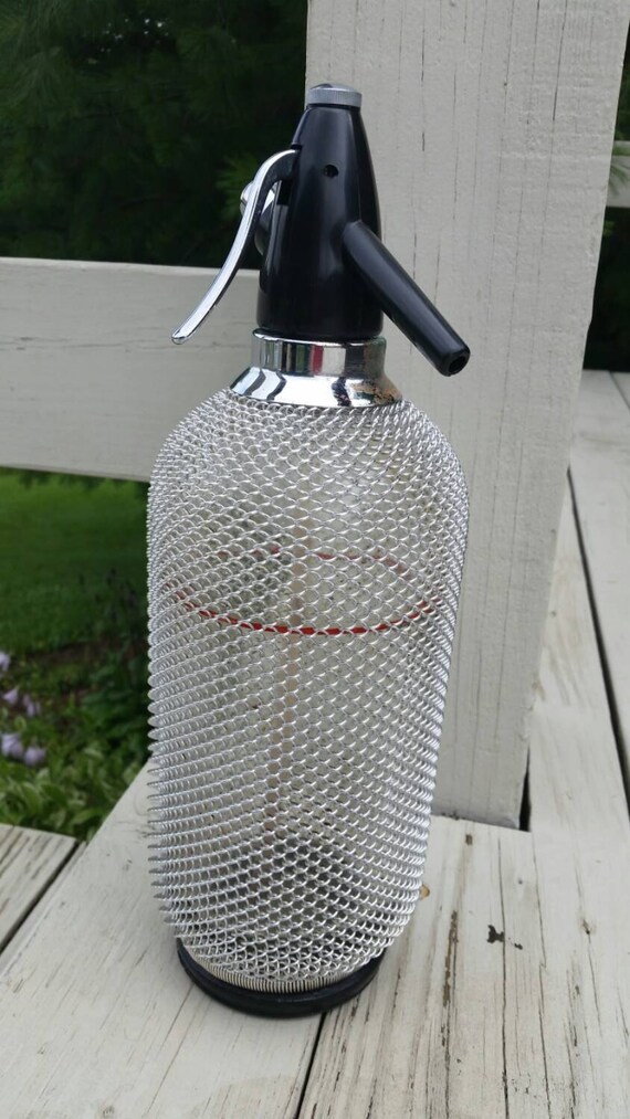 Syphon Large Glass Seltzer Bottle with Wire Mesh Vintage Art