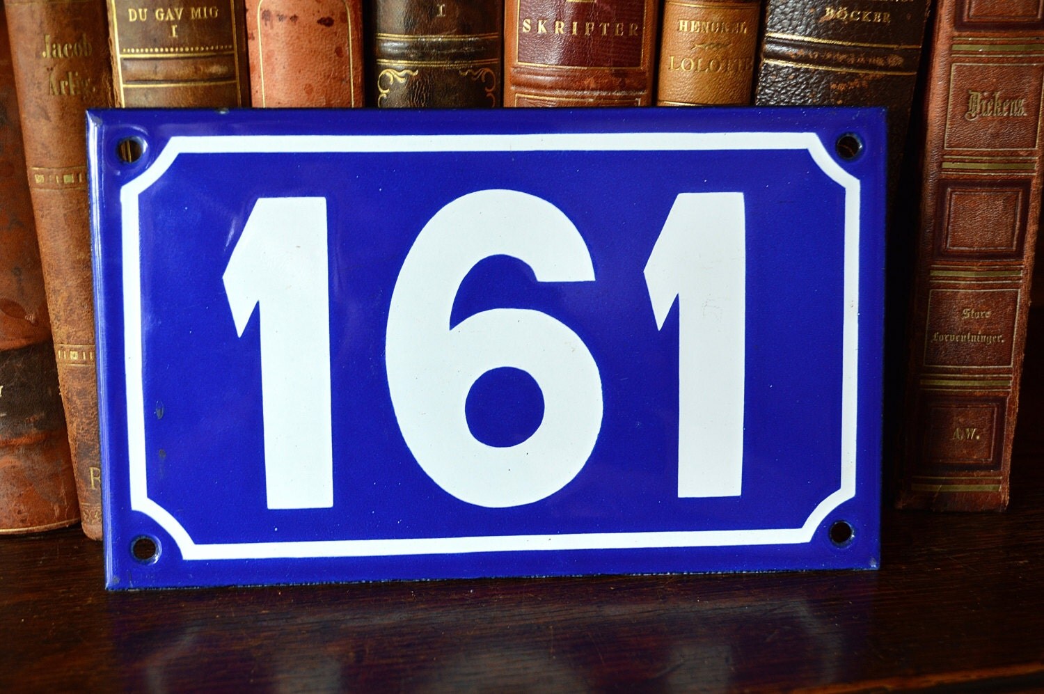 Antique French Number 161 Enamel Sign House Plaque in Blue
