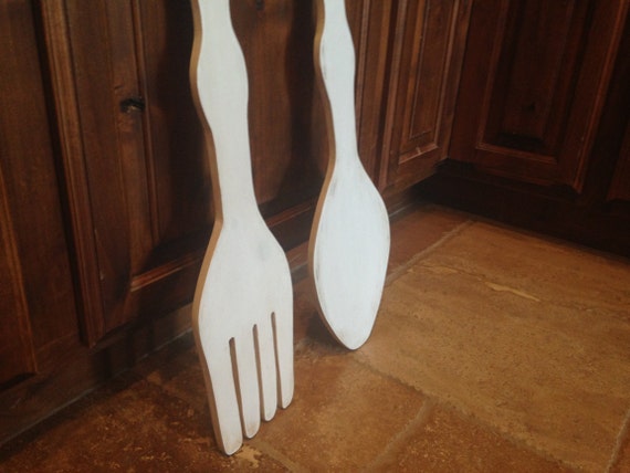 Large wood Fork and Spoon large Kitchen decor upcycled