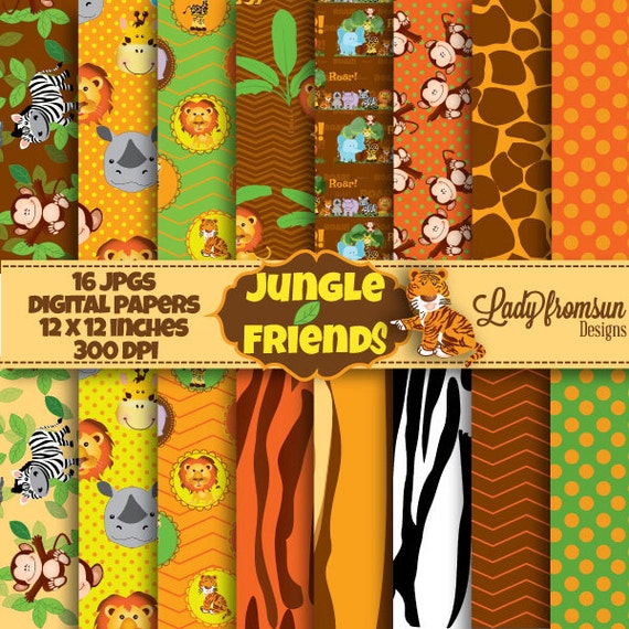 Jungle Friends digital papers, Safari Jungle Animal Digital