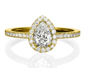 Pear Shaped Engagement Ring, 14K Gold Engagement Ring, 0.5 CT Halo Ring, Pear Diamond Ring, Halo Engagement Ring
