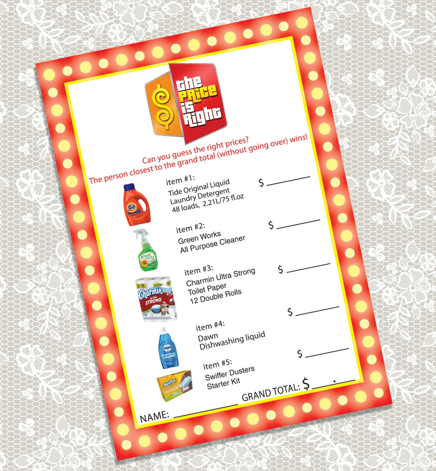 Printable 'The Price is Right' Bridal Shower game