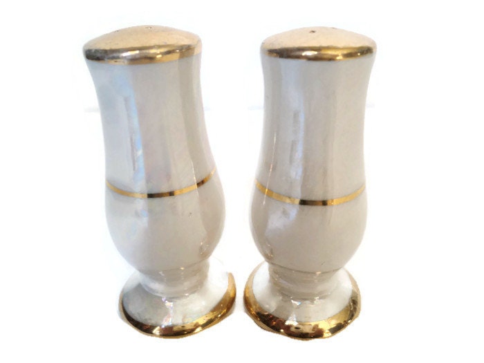 Vintage Salt And Pepper Shakers Iridescent Pearl Gold Gilt