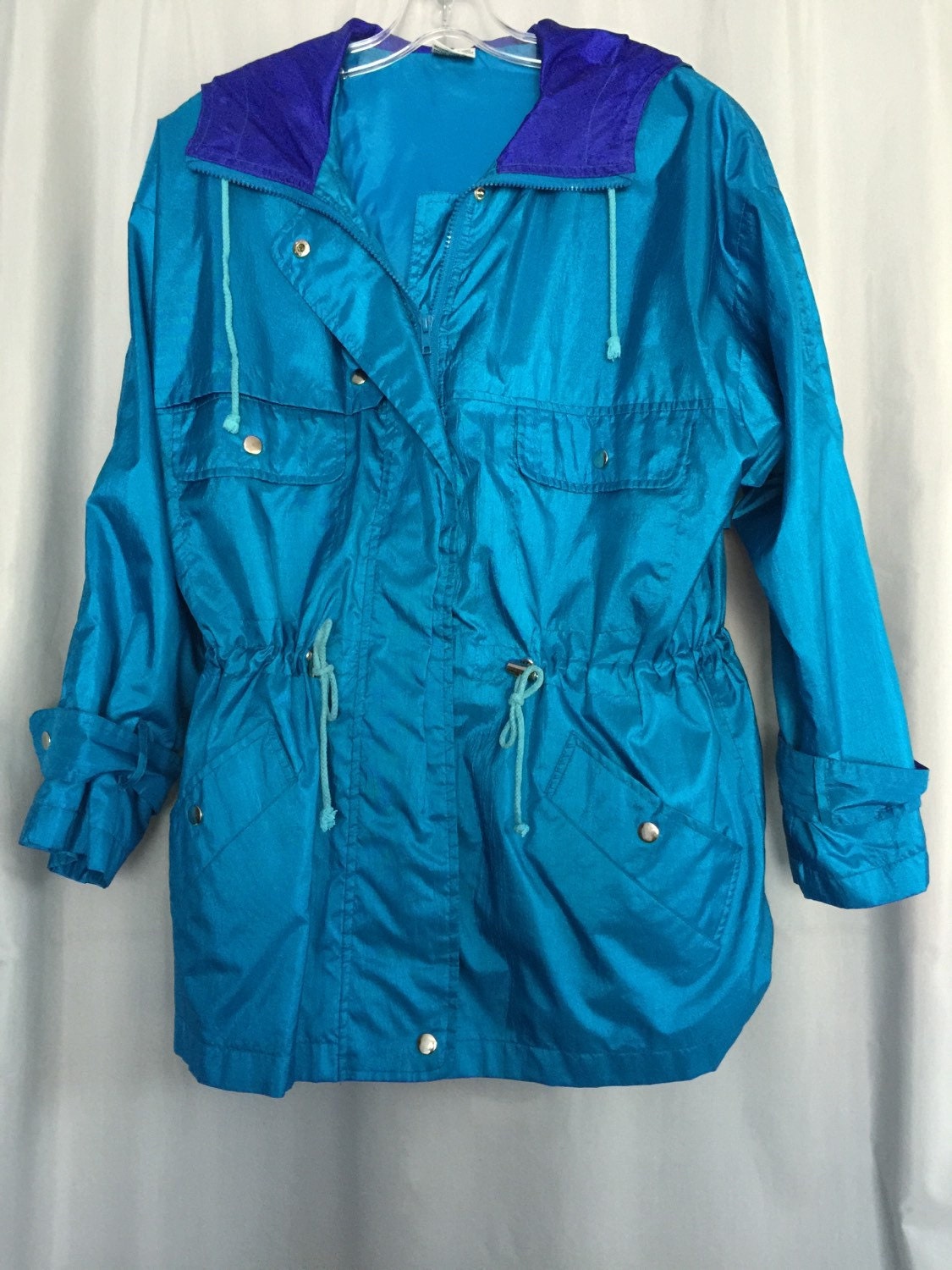 Vintage Jacket Parka Windbreaker Turquoise Teal Purple Hood Zip Toggle ...