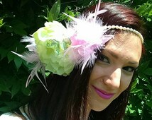 Pearl Floral Feather Crown Crystal Butterflies Luna Moth Pink Green Flapper Great Gatsby Headpiece Headband Headdress - il_214x170.785400790_28ne