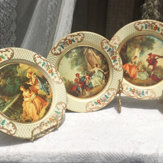 3 Vintage Decorative Tin Plates / Trays Courting 18thc